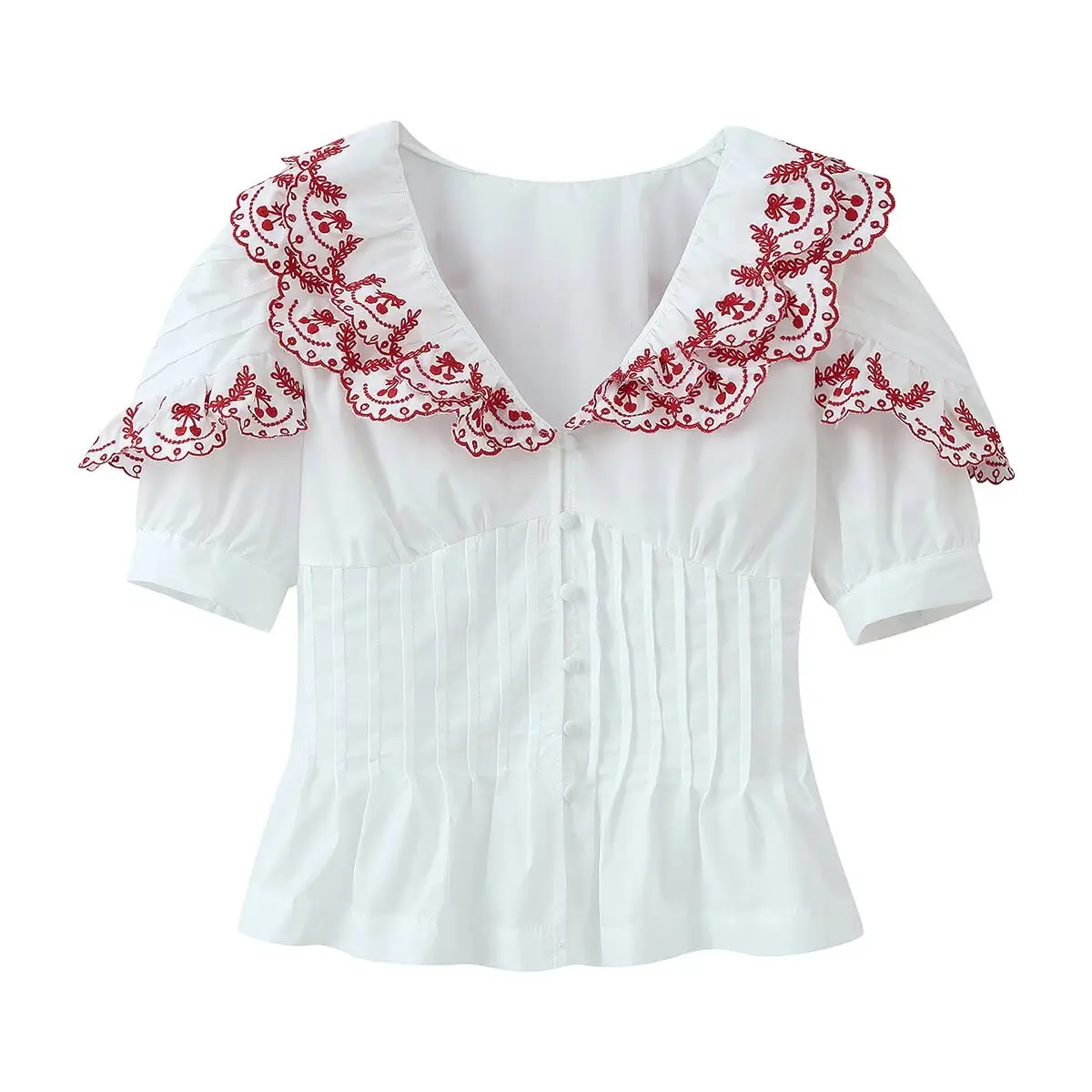 

WOMAN 2026 Summer New Fashion Embroidered Pleated Blouses Vintage Short Sleeve Button-up Casual Female Shirts Blusas Chic Tops