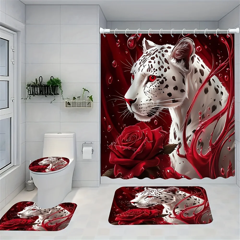 

4 шт., набор занавесок для душа с розами и леопардовым принтом, декоративный набор для ванной комнаты, включает в себя водонепроницаемая занавеска для душа, нескользящий напольный коврик, унитаз