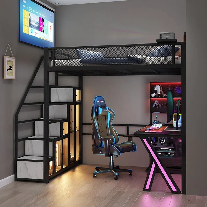 Cama alta Tillais e-sports, cama multifuncional de pabellón para apartamento pequeño que ahorra espacio, moderna y sencilla de hierro forjado en la cama