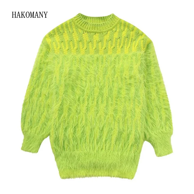 2023 Women Fluorescent Green Spliced Shaggy Striped Knitting Sweater CHIC Long Sleeve Pullover Knitwear Loose Jumper