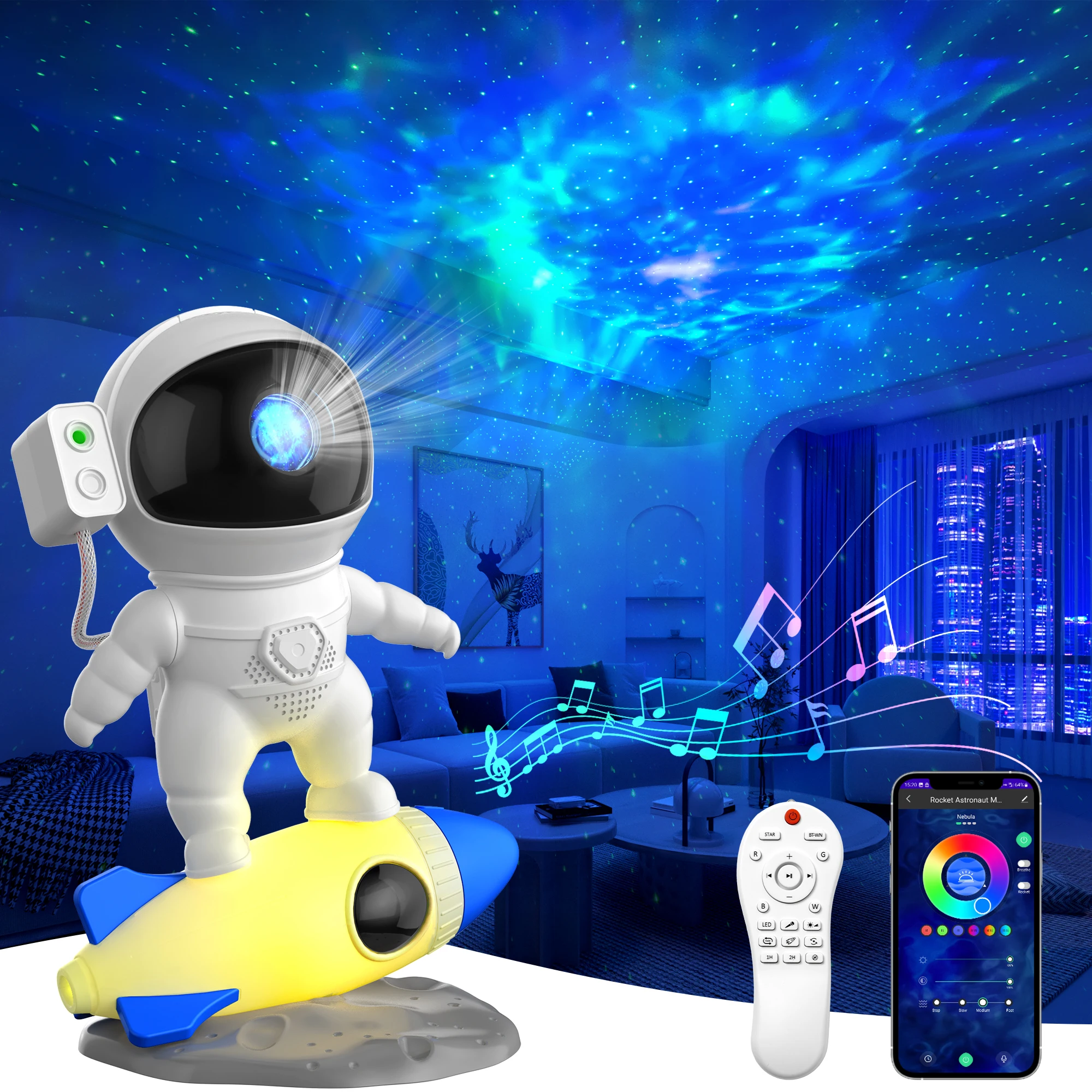 360° Adjustable Rocket Astronaut Star Projector, APP+Remote, White Noice, Rocket Night Light with 8 Color for Kids