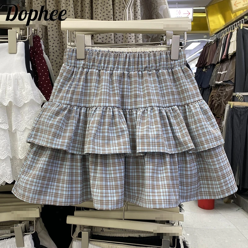 Dophee Grid Stripe Ruffles A-line Skirt 2025 New Spring Summer Elastic High Waist Mini Skirt School Students Elegant Cake Skirt