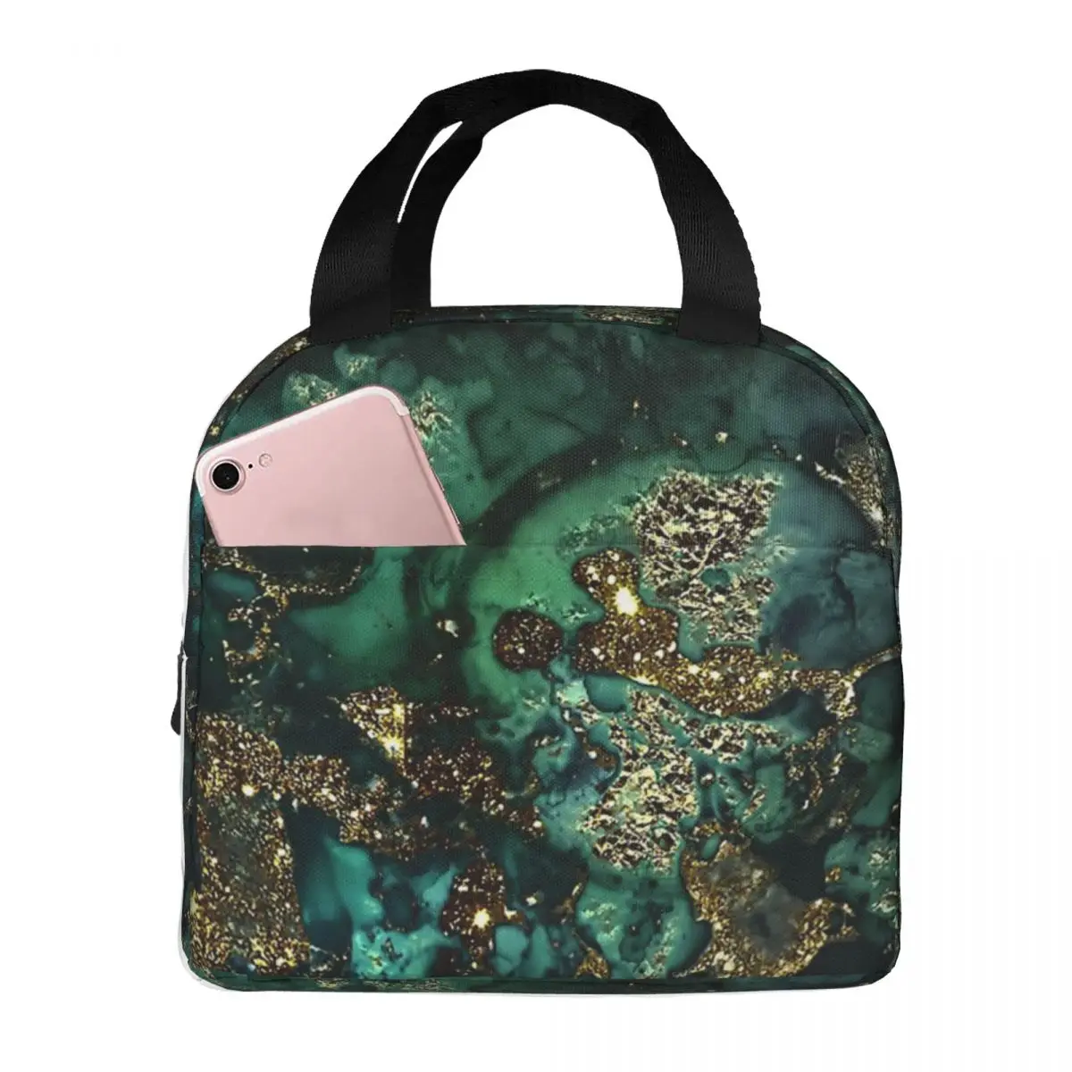 

Gold Indigo Malachite Marble Lunch Bag Waterproof Insulated Oxford Cooler Bags Thermal Picnic Travel Lunch Box for Women Kids