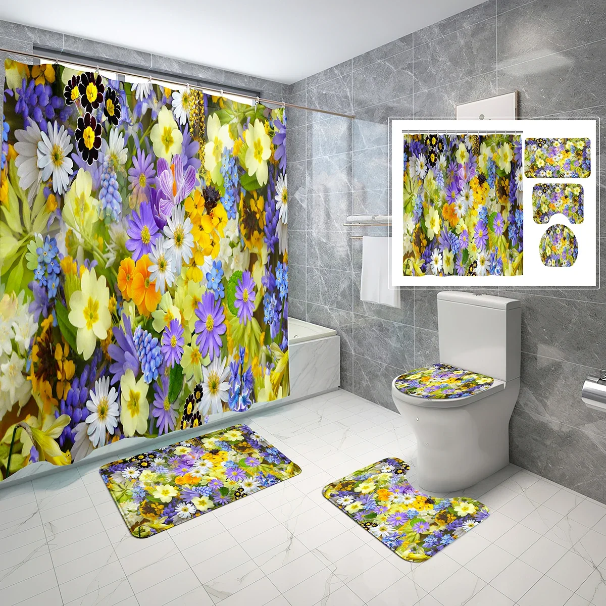 

4-Piece Set Elegant Wildflower Design Shower Curtain Set Botanical Flower Shower Curtain Non-Slip Bath Mat Toilet Lid Cover