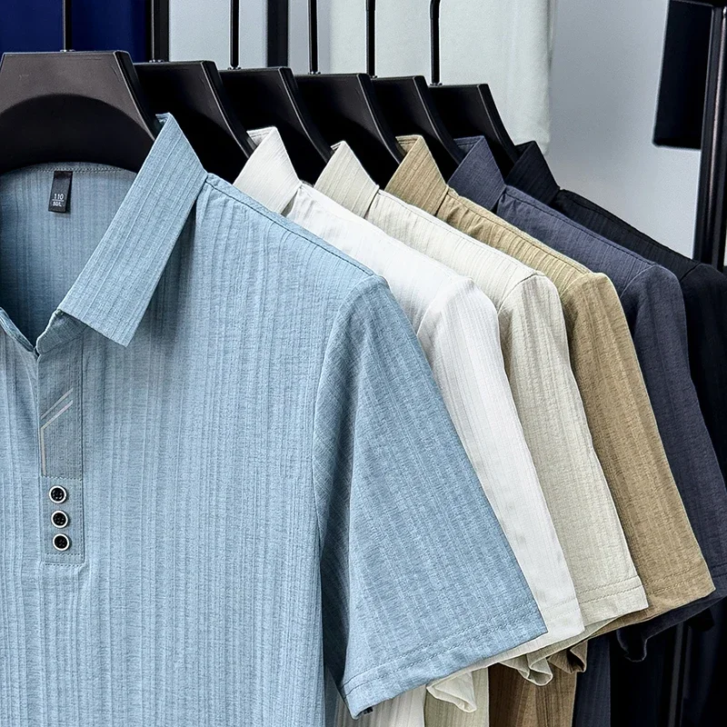 Chemises polo à manches courtes pour hommes, texture côtelée fine verticale sur toute la surface, imprimé linéaire, respirantes, décontractées, pour l'été