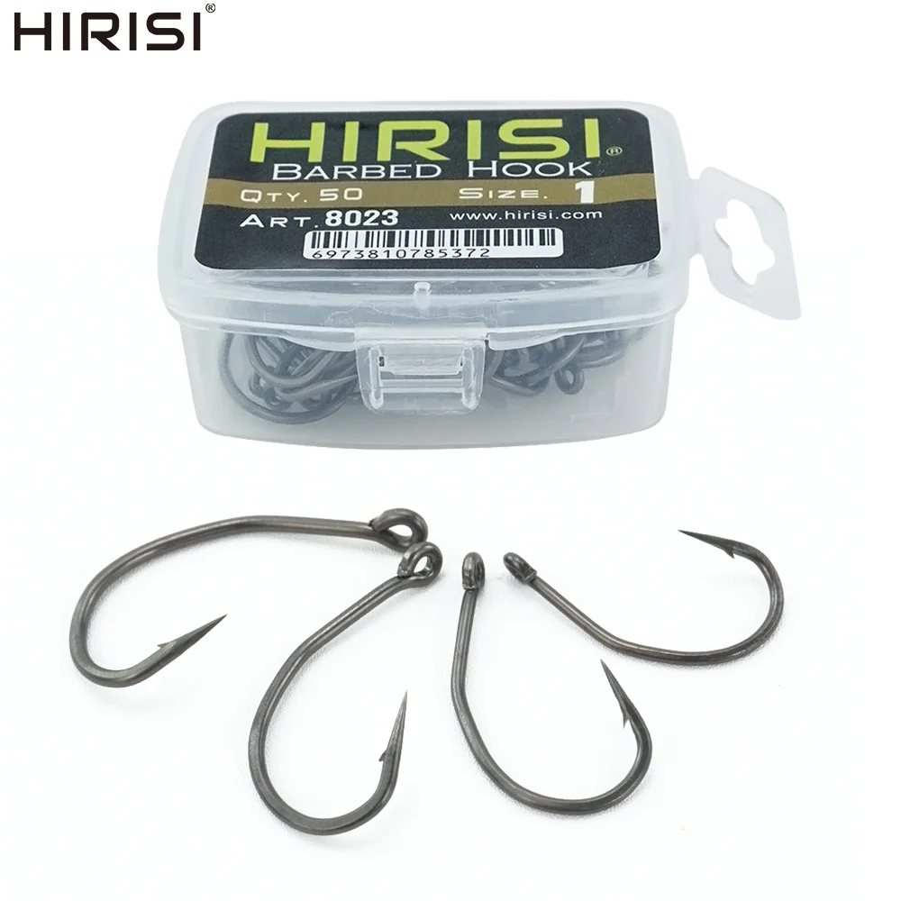 Hirisi 50 Stück Angelhaken, PTFE-beschichtet, Angelhaken mit Widerhaken, Terminal Tackle 8023