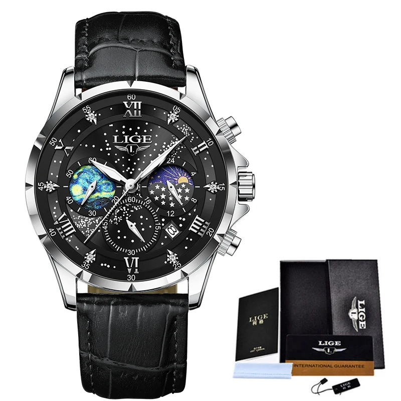 LIGE 2024Mens Watch Luxury Waterproof Male Clock Moon Phase Date Casual Leather Quartz Wrist Watch Men Chronograph Montre Homme