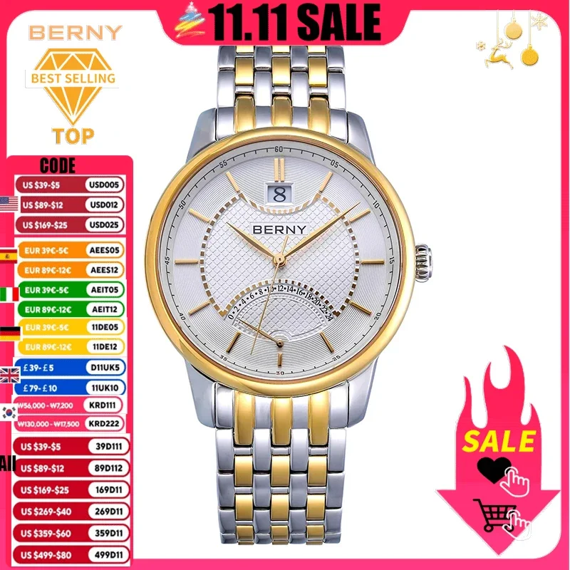 

BERNY Men Dress Quartz Watch Sapphire Day Calendar 24H Flyback Classic Stainless Steel Business Sport Waterproof 3Bar Wristwatch