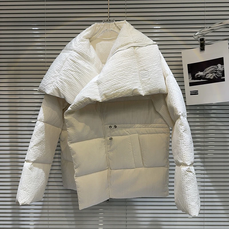 Winter Big Turn Down Collar Long Down Jacket Drawstring Striped Thick Knee Length Overcoat Warm White Duck Jacket Women JJ1071