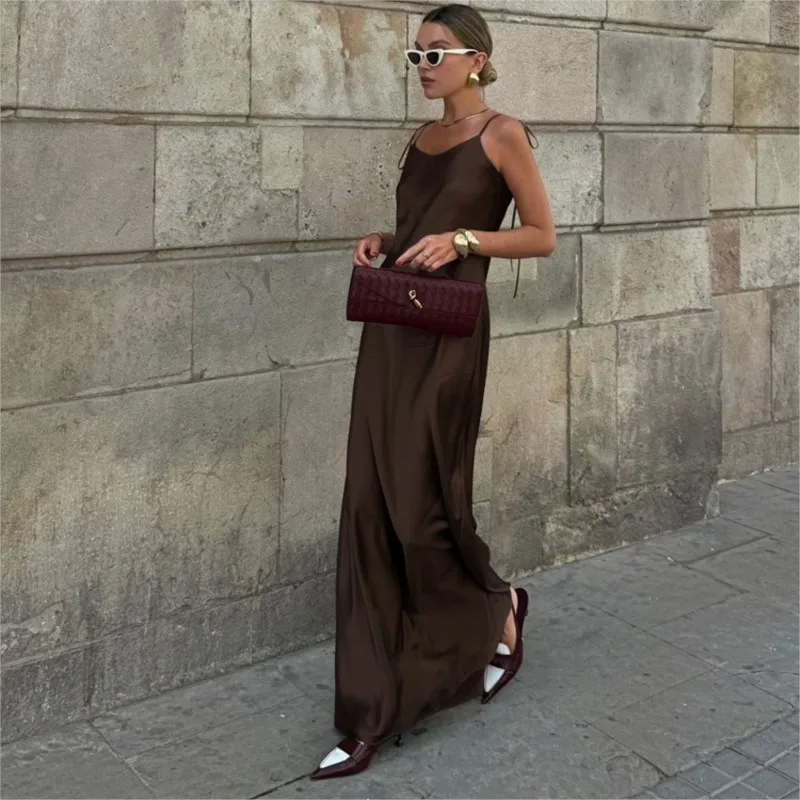 

Fashion Brown Satin Womens Long Dress Sexy Backless Strap Sleeveless Elegant Party Dresses Vestidos Female