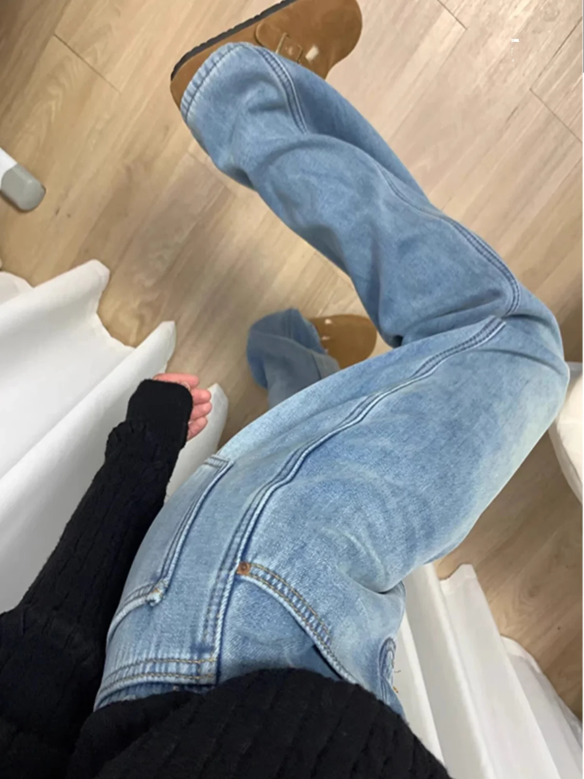 

Большие размеры Thiened Fce Джинсовые брюки Женские прямые широкие джинсы с высокой талией Осенние новые утягивающие свободные посадки