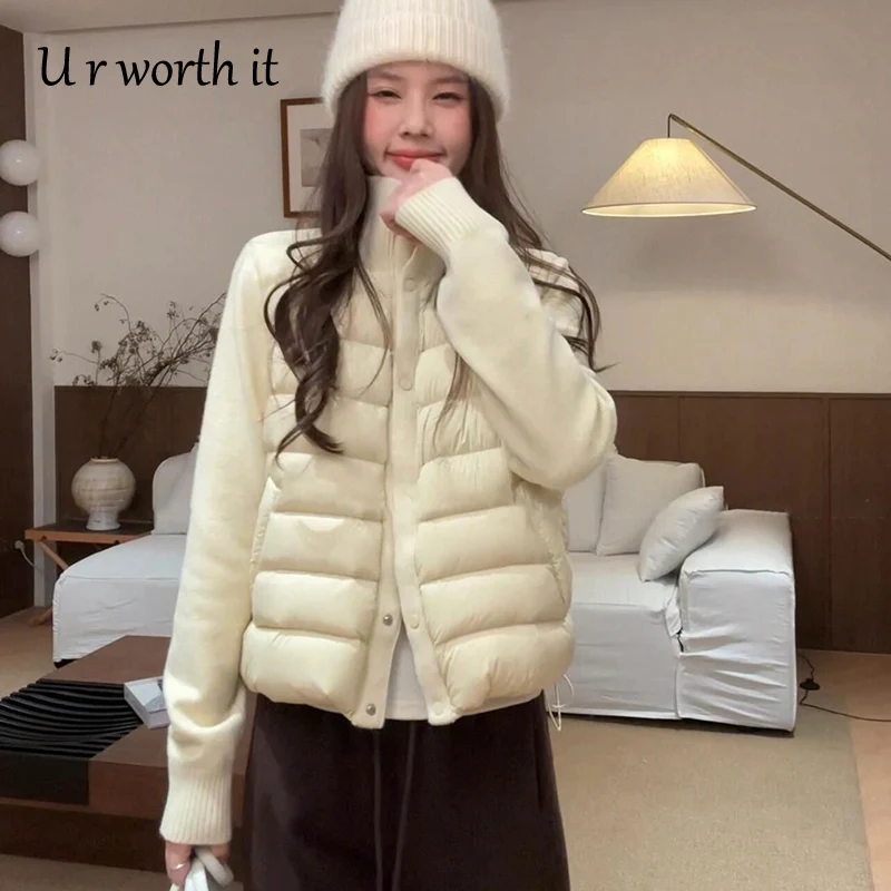 2026 Winter Fashion Women Hoody Slim Waist Bread Parkas Premium Elegant Lady Warm Clothing Patchwork Jacket Casual Knitted Coats