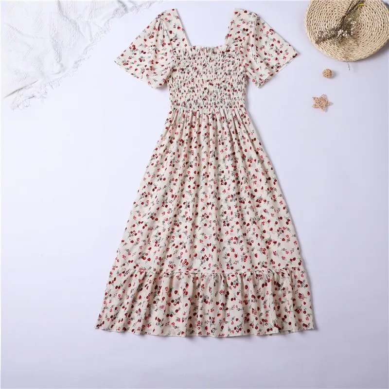 Vestido de gasa de primavera verano para mujer, vestido midi de manga corta, cintura elástica, estampado floral, plisado, espalda descubierta, casual 5