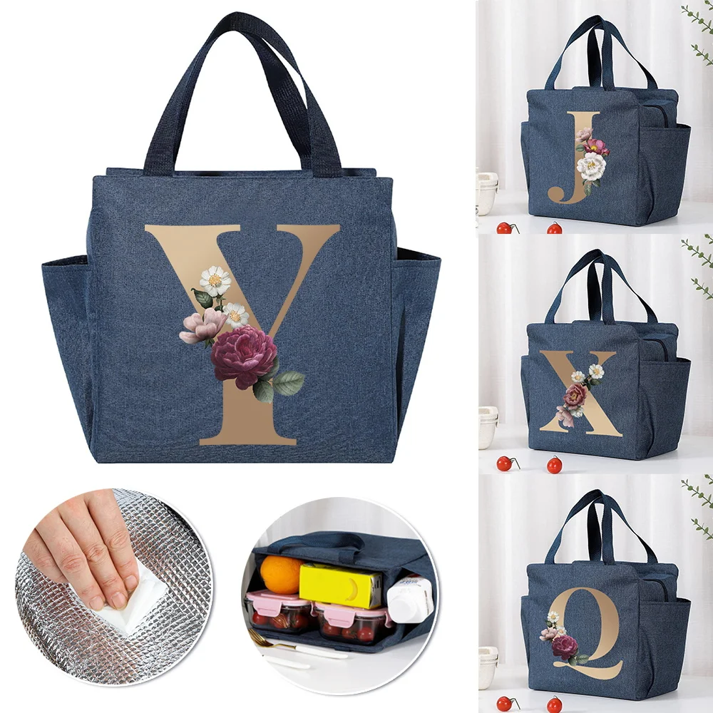 

Travel Portable Lunch Bag Gold Letter Pattern Printed Canvas Lunch Bag Fashion Food Insulation Camping School Picnic Bag