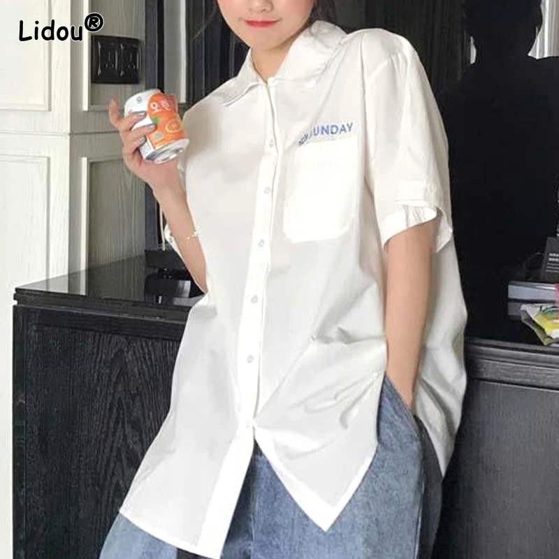 

Thin Summer Simplicity Blouses Printing Letter Office Lady Fashion Casual Turn-down Collar Button Short Sleeve Women's Clothing