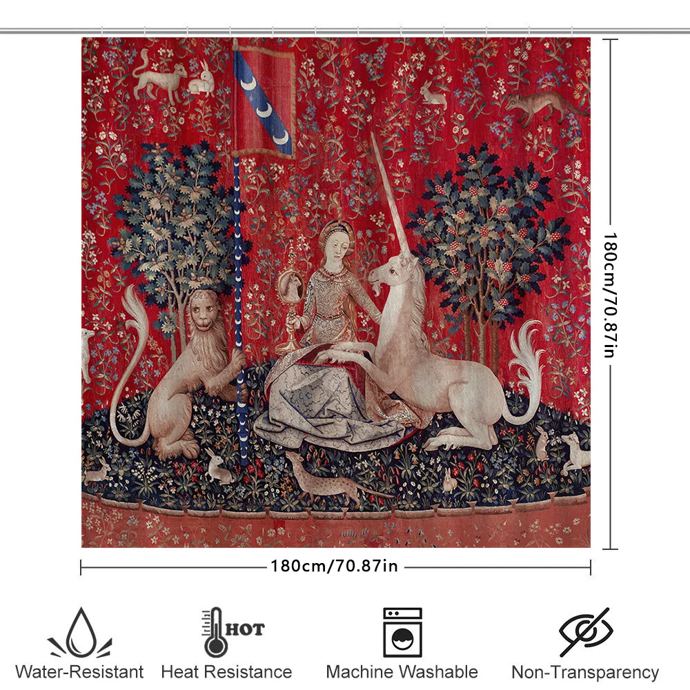Red Floral Curtain with Medieval Tapestry Design for Bathroom Decor – Luxury Unicorn Bath Rug Shower Curtain Waterproof Home Dec - view 6
