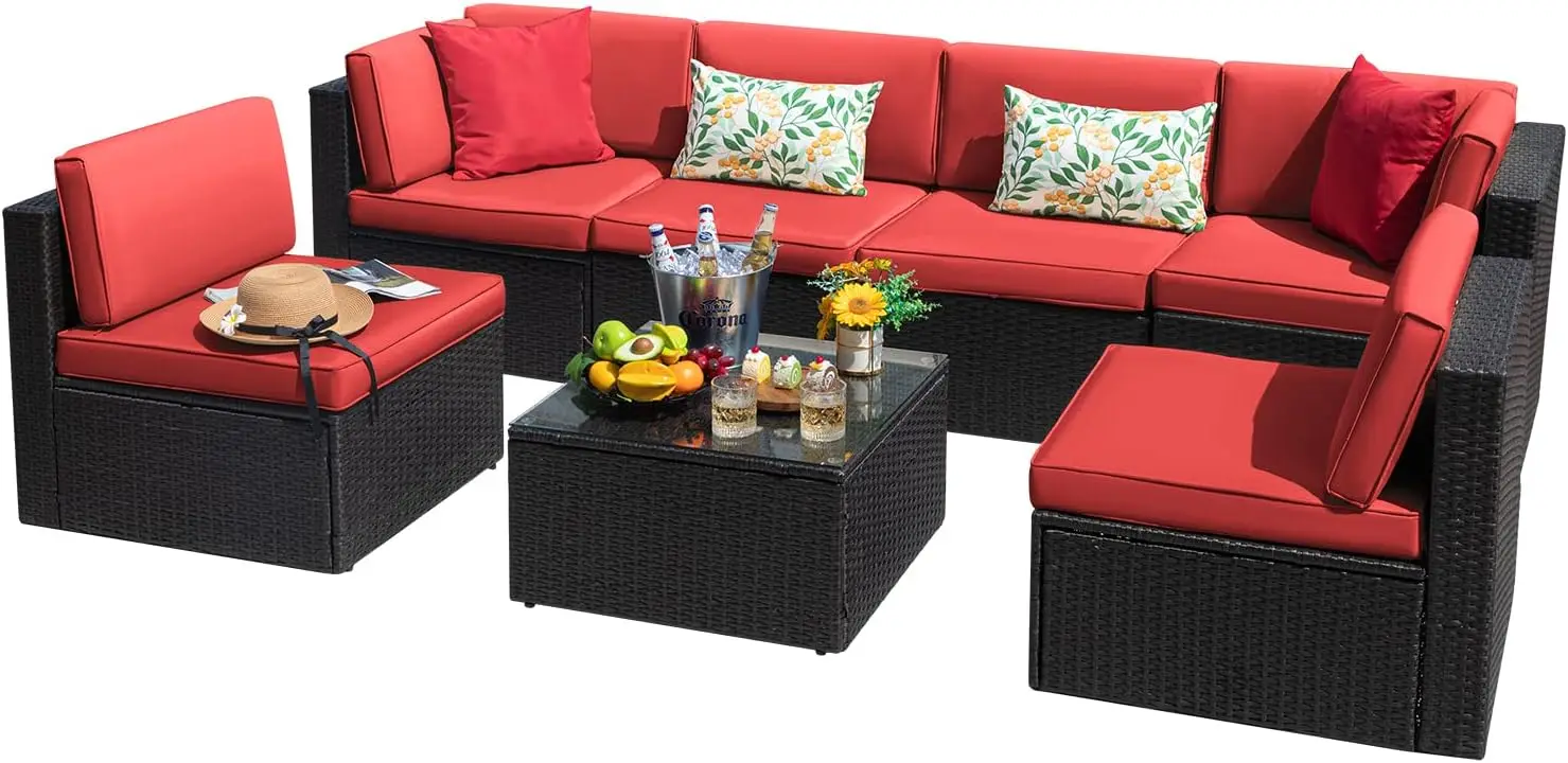 

7 Pieces Outdoor Sectional Sofa Patio Furniture Sets Manual Weaving Wicker Rattan Patio Sets with Cushion and Glass Table (Red)