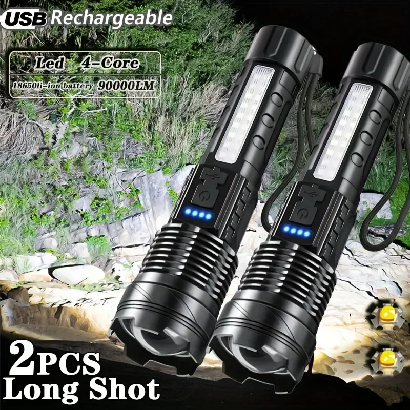 

2 Pack High Lumen USB Rechargeable LED Flashlight Outdoor Waterproof Torch with Side Light for Fishing Hunting Climbing