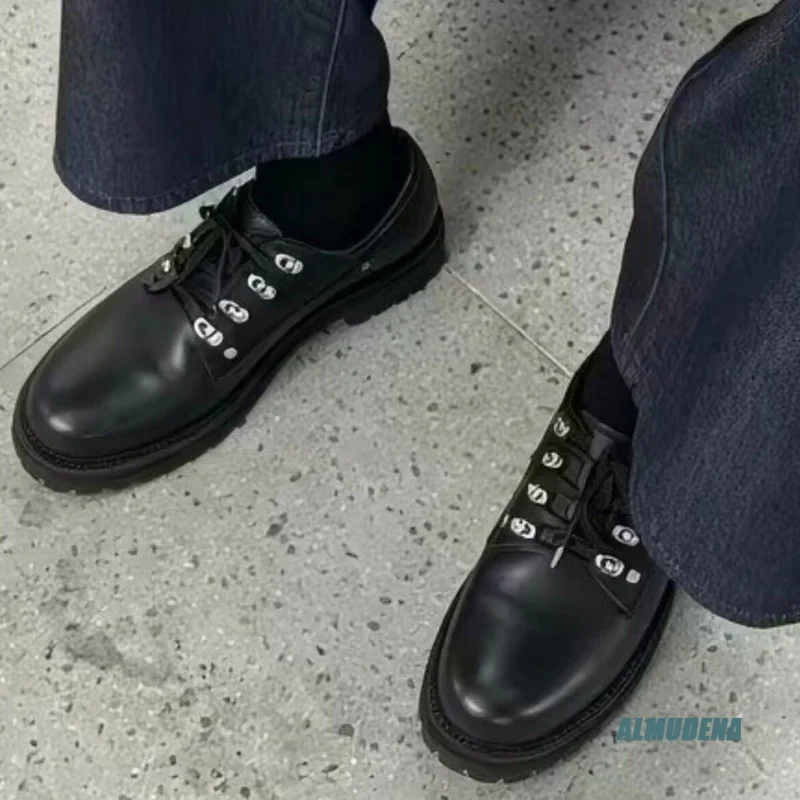 

Black Chunky Sole Derby Shoes Men's Metal Eyelet Lace-Up Round Toe Casual Platform Oxfords Urban Style Outdoor Fashion Shoes