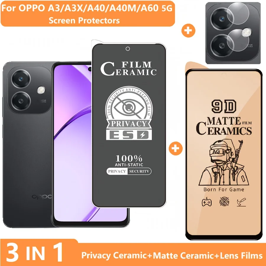 

3-in-1 for Oppo A3 A3X Screen Protector OPPO A20 A40 A40m A60(5G) Tempered Glass Privacy Film + Soft Matte Film + Lens Films