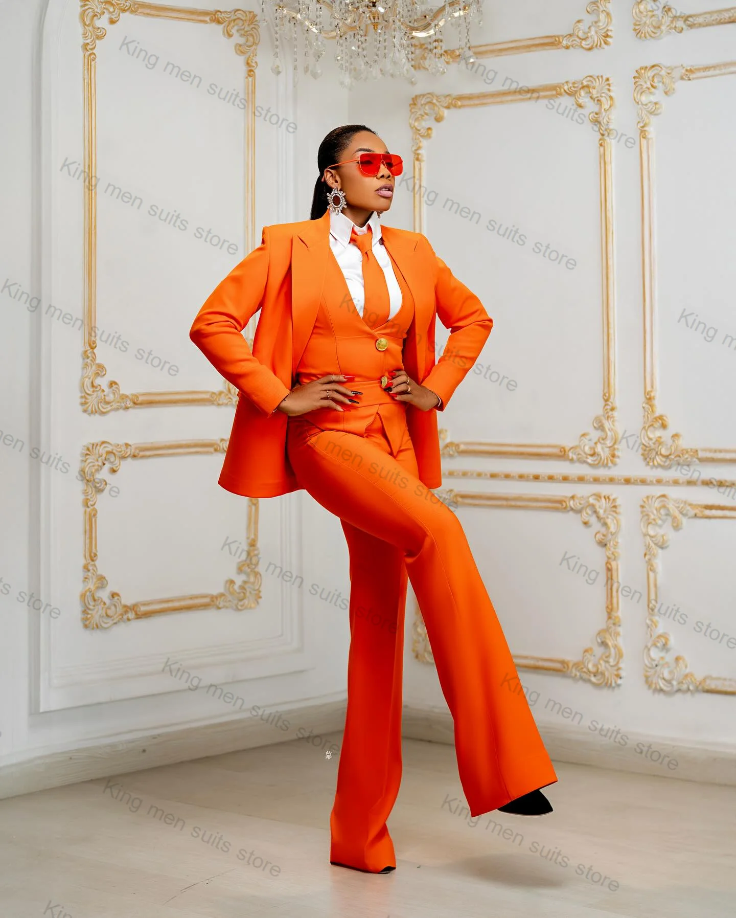 Orange Formal Women Suit set 3 Piece Blazer+Pants+Vest Custom Made Office Lady Wedding Tuxedos Jacket Cotton Prom Dress Coat