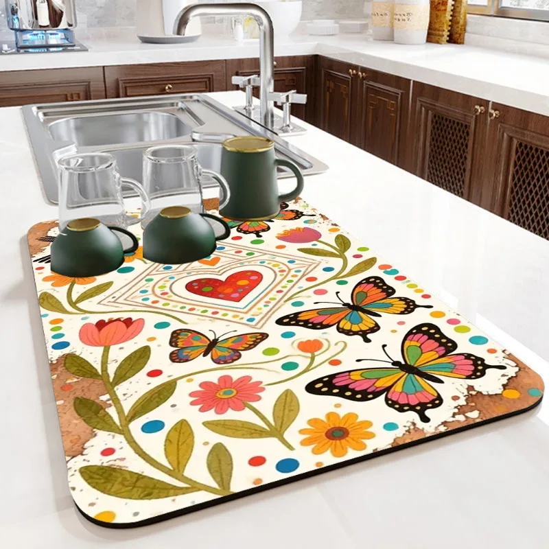 Boho Rainbow Swallow Butterfly Floral Drain Pad Super Absorbent Waterproof Non Slip Kitchen Counter Coffee Tableware Decor Mat