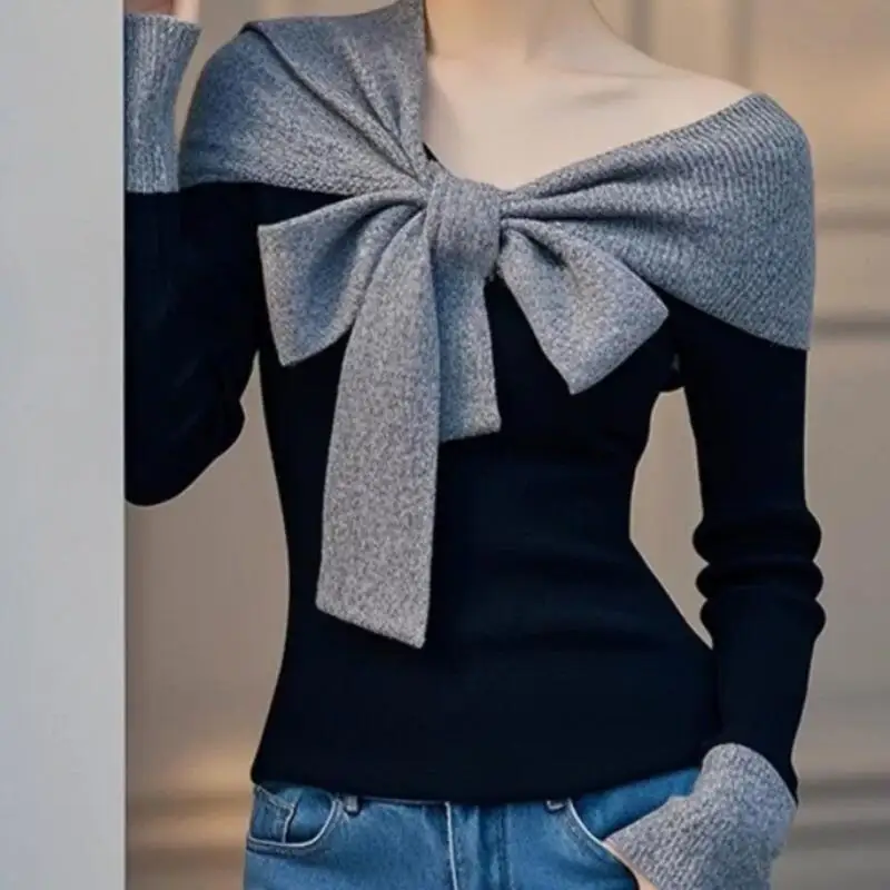 Hot 2025 Autumn Winter New Women Fashion Fake Two Piece Bow Knitted Sweater Light Luxury Design Super Beautiful Knitted Sweater