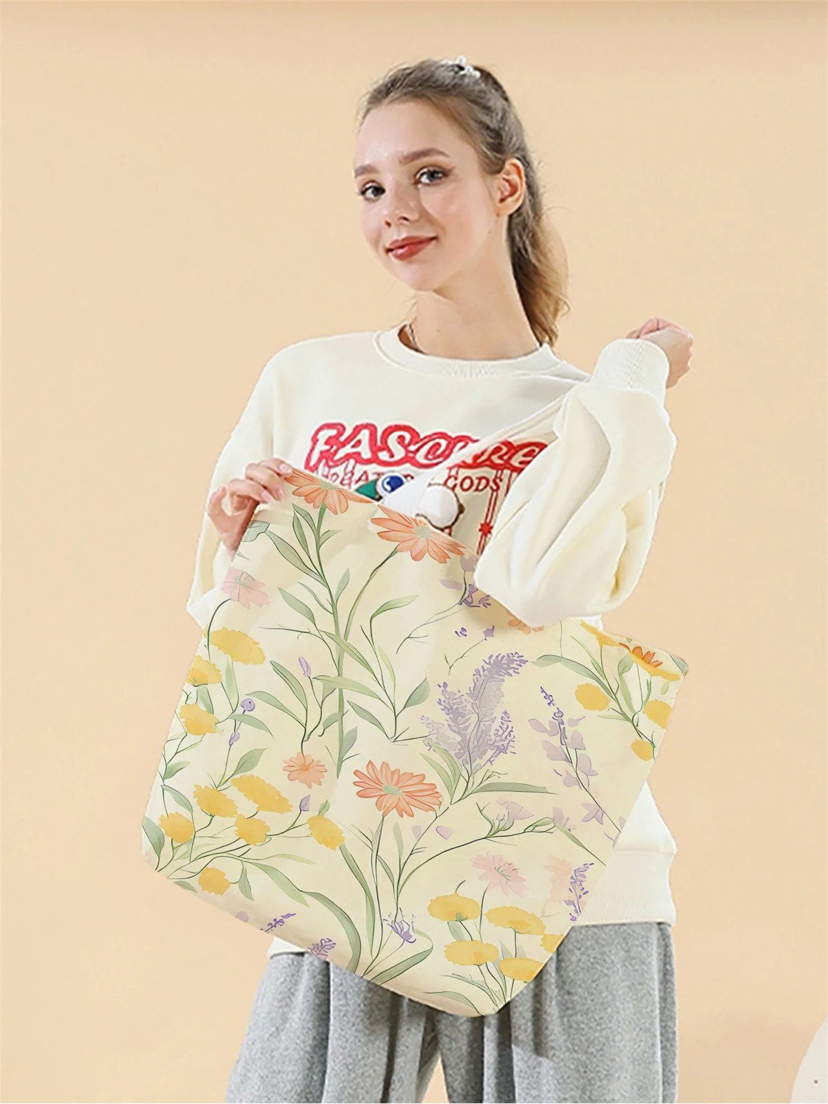 

1шт, сумка с цветами и растениями, многоразовая модная сумка, многофункциональная сумка, холщовая сумка для покупок с принтом