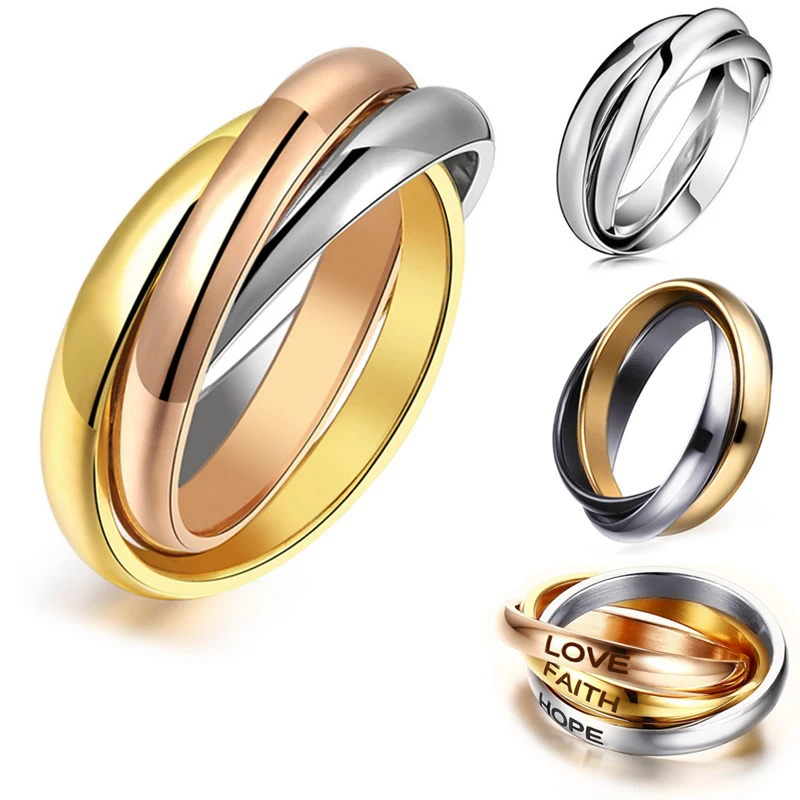 Triple Interlocked Rolling Stainless Steel Rings High Polish Plain Dome Tarnish Resistant Wedding Band 3 in 1 Ring for Men Women