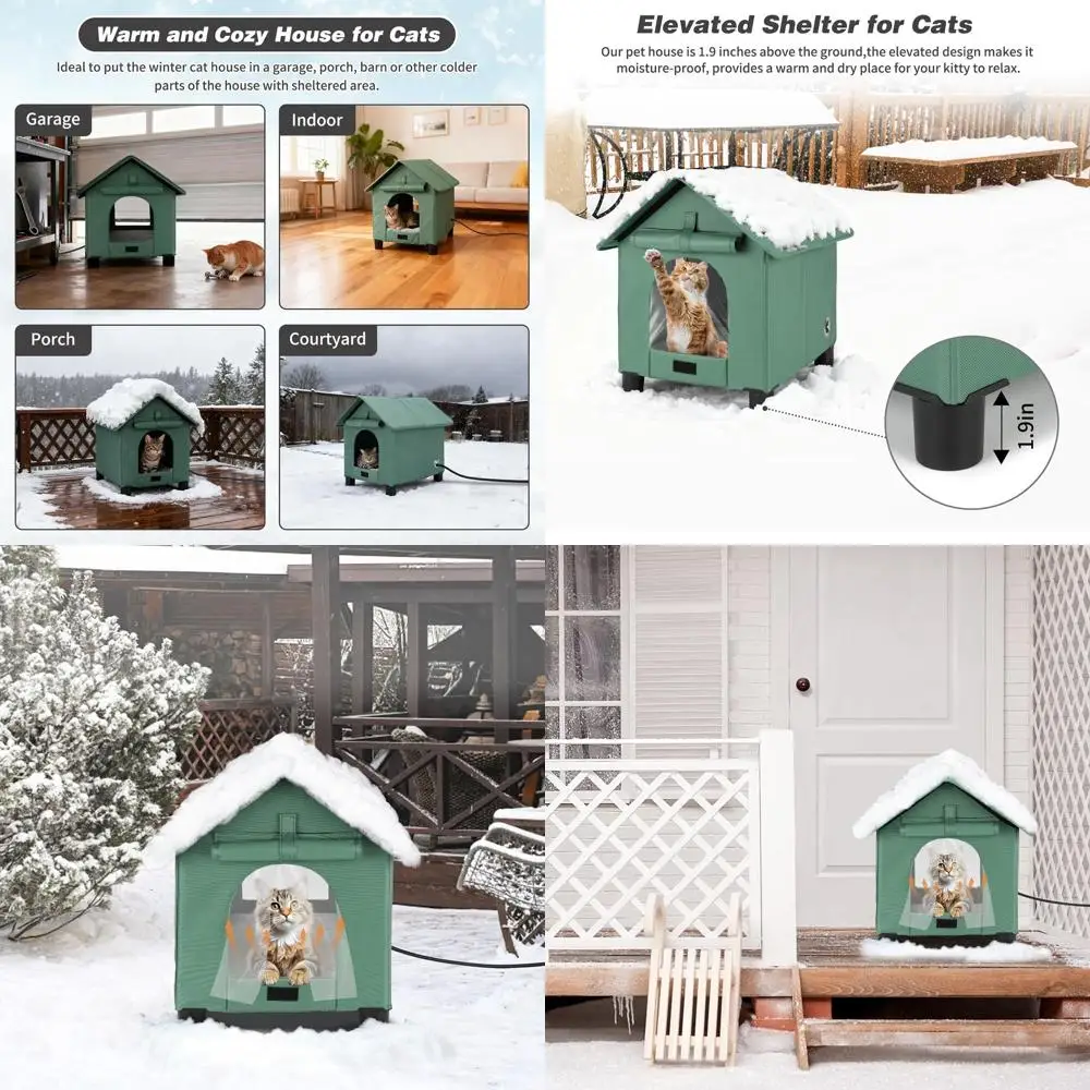 

Готовое зимнее укрытие для кошек на открытом воздухе, водонепроницаемый и изолированный домик для ферловных кошек (зеленый, маленький)