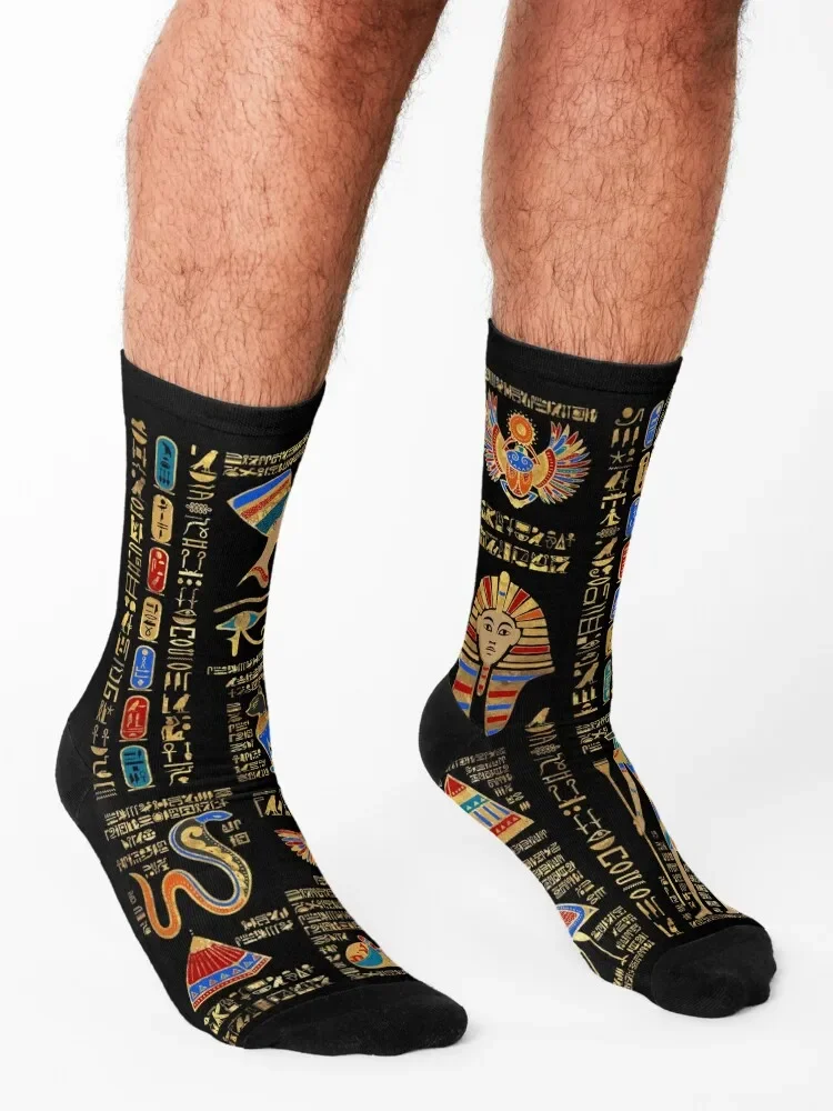 Egyptian hieroglyphs and deities on black Socks loose snow Socks For Man Women\'s