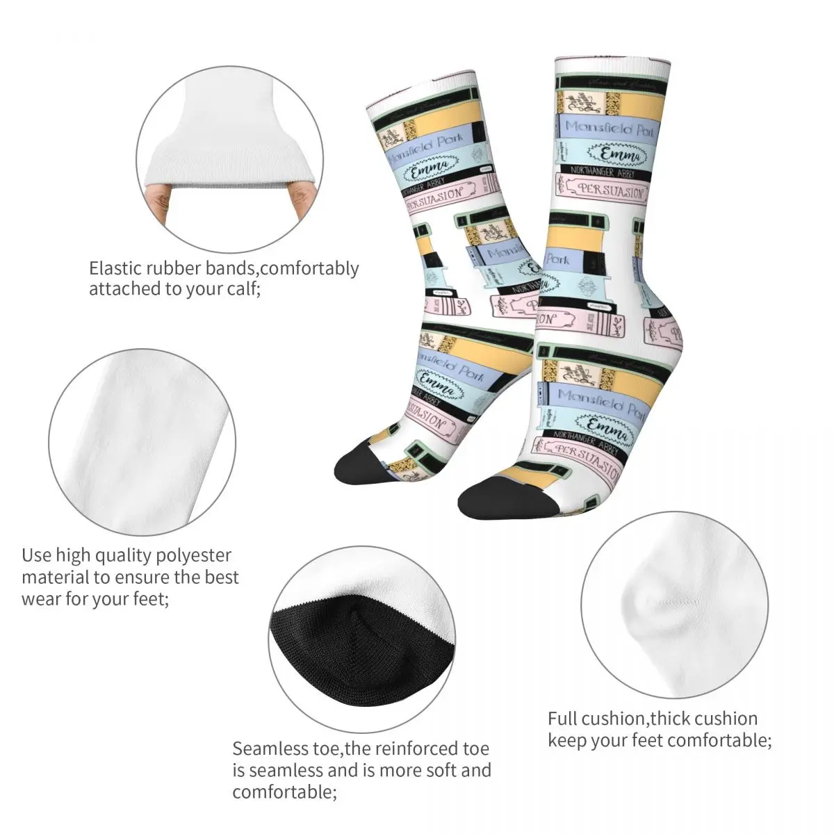 Cool Jane Austen Book Stack Basketball Crew Socks Warm Crew Merchandise Christmas Gifts for Unisex Breathable