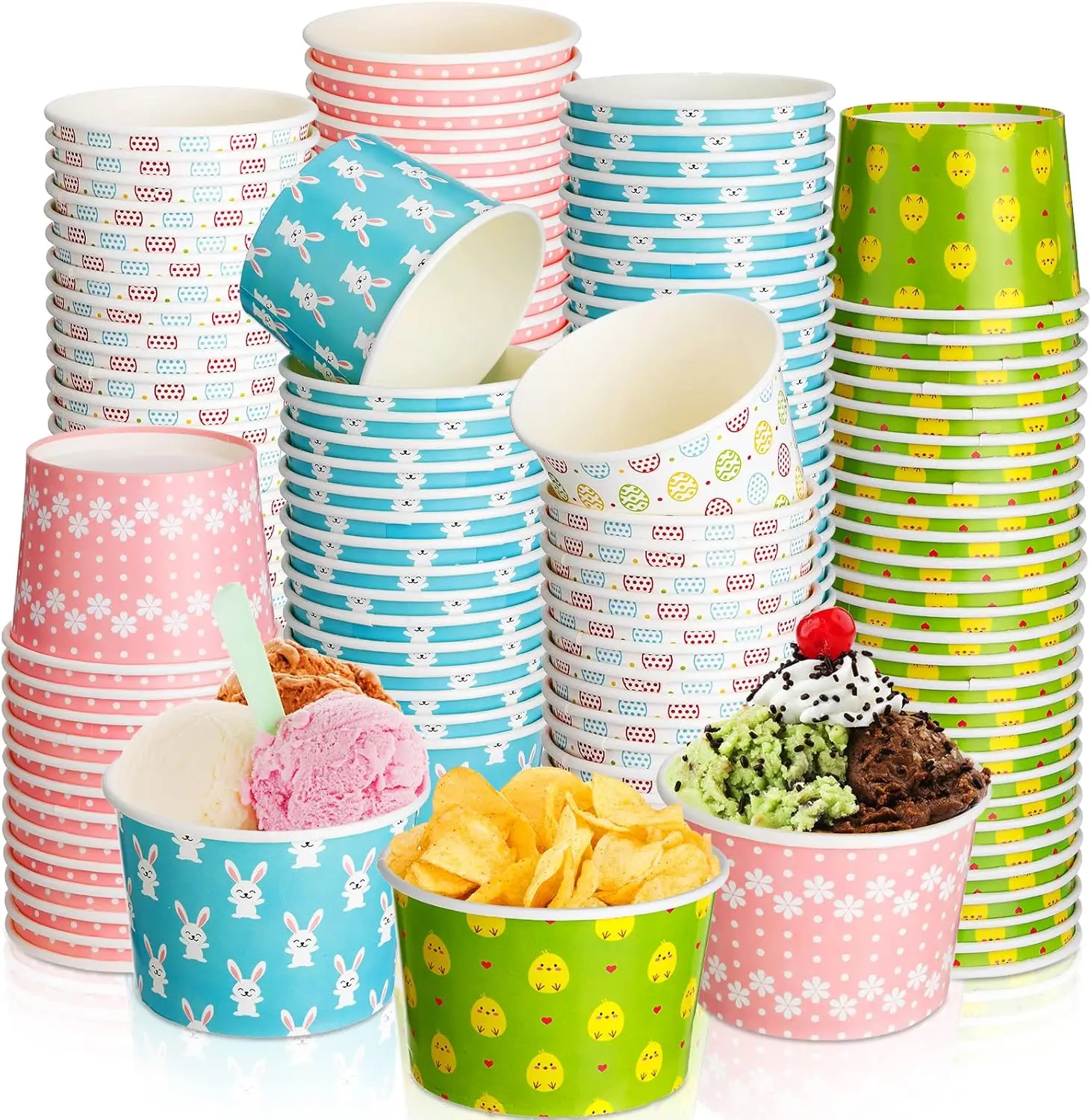

160 Pcs Easter Ice Cream Cups 9 oz Dessert Bowls Bunny Chicks Eggs Design Disposable Soup Bowls Paper Treat Snack Cups E