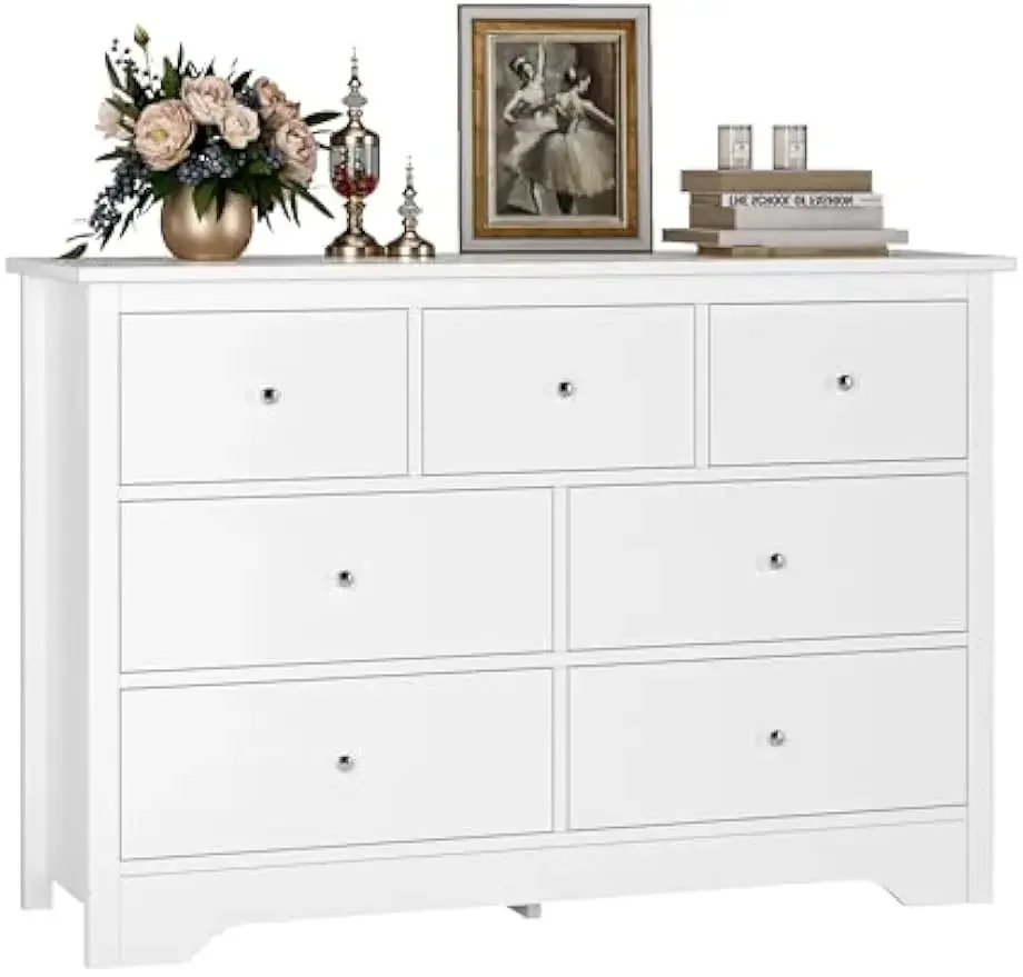 FOTOSOK White Dresser 7 Drawer with 19'' Deeper Depth, 47.2'' White Chest of Drawers Modern Dresser with Metal Handles, White Dr