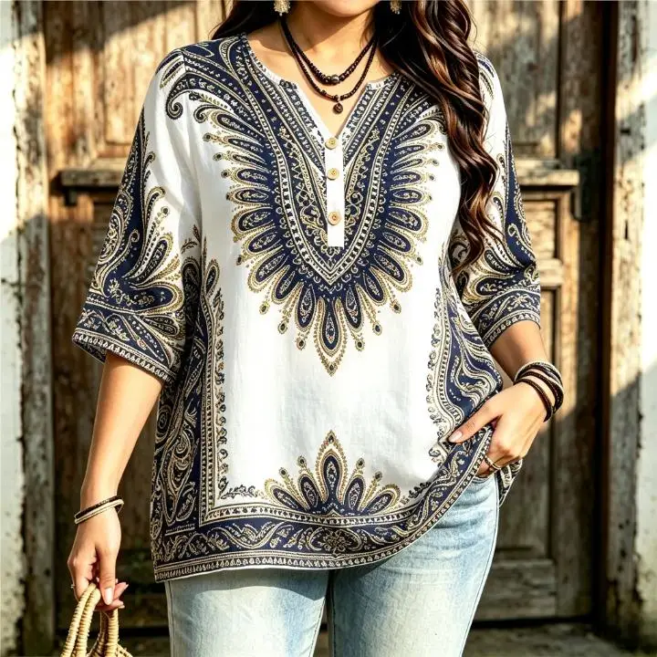 Women Bohemian Paisley Ethnic Position Print Blouse Notched Neck 3/4 Sleeve Loose Fit For Curvy Figures Daily Casual Tops
