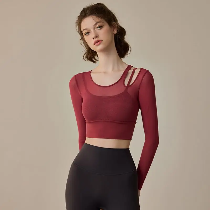 Women's Fitness Yoga Top Long Sleeve Mesh Short Crop Top Fake Two-Piece T-Shirt Polyester Fiber 100% Pilates Sportswear