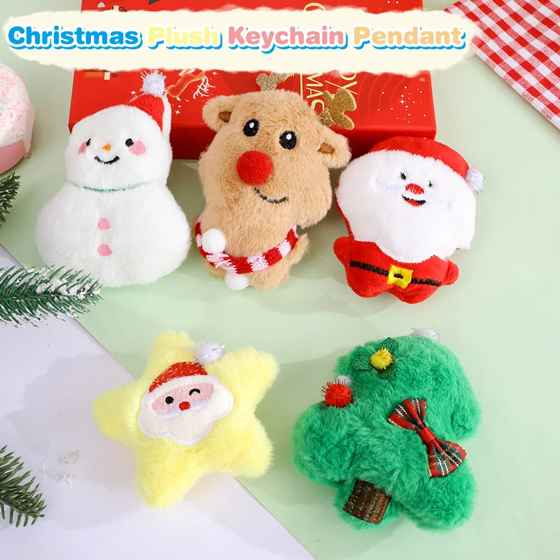 Christmas Plush Keychain Cartoon Santa Snowman Elk Xmas Tree Stuffed Doll Pendant Car Key Ring Backpack Bag Decor