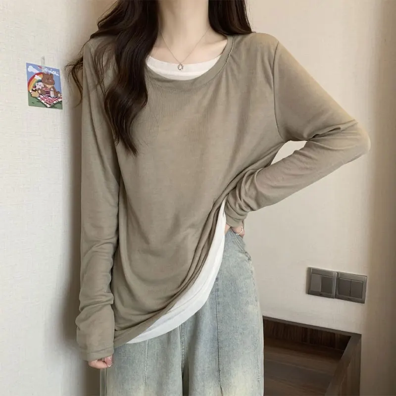 Basic Long Sleeve Loose Pullovers 2024 Spring Autumn Fake Two Pieces Patchwork Women's Clothing Solid Color Asymmetrical T-shirt
