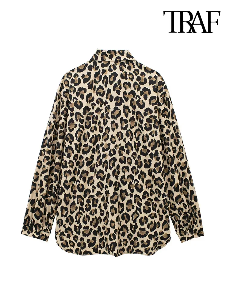 TRAF-Long Sleeve Leopard Shirts for Women, Button-up Blouses, Animal Print, Chic Tops, Female Fashion