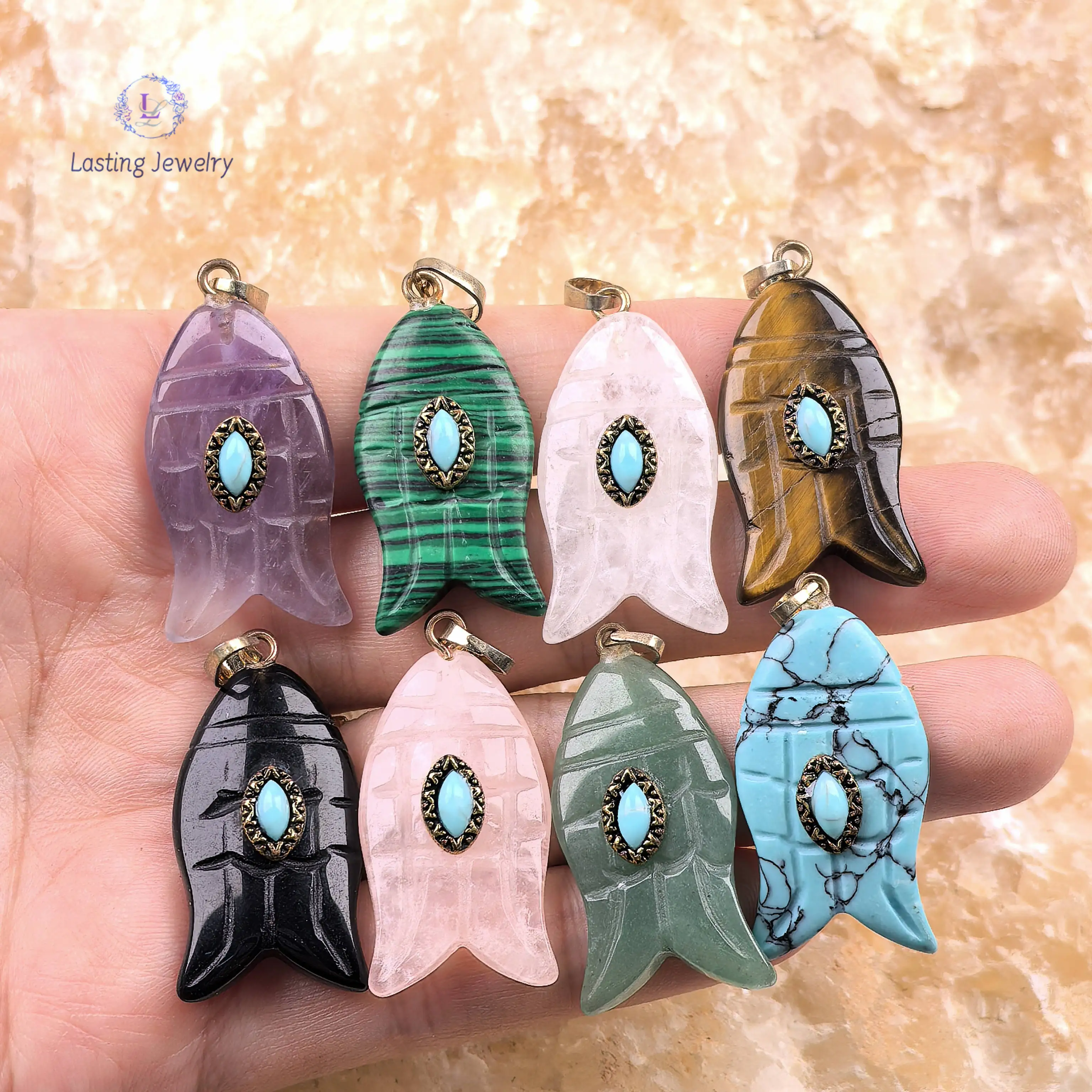 

Reiki Crystal Stone Carved Fish Pendants With Inlaid Horse Eye Shape Turquoise Charms Amethyst For Necklace Jewelry Making