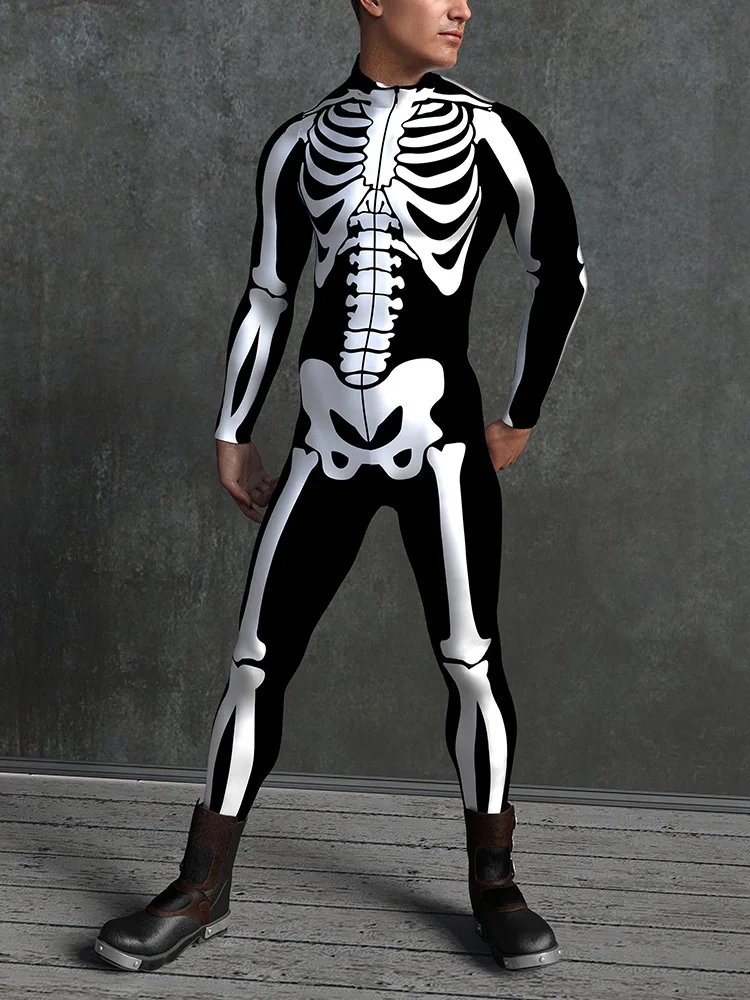 Men's Skull Skeleton Tights Jumpsuit ฮาโลวีน Zentai ชุดคอสเพลย์บอดี้สูทที่ไม่ซ้ํากันเครื่องแต่งกาย Masquerade หุ่นยนต์เสื้อผ้า