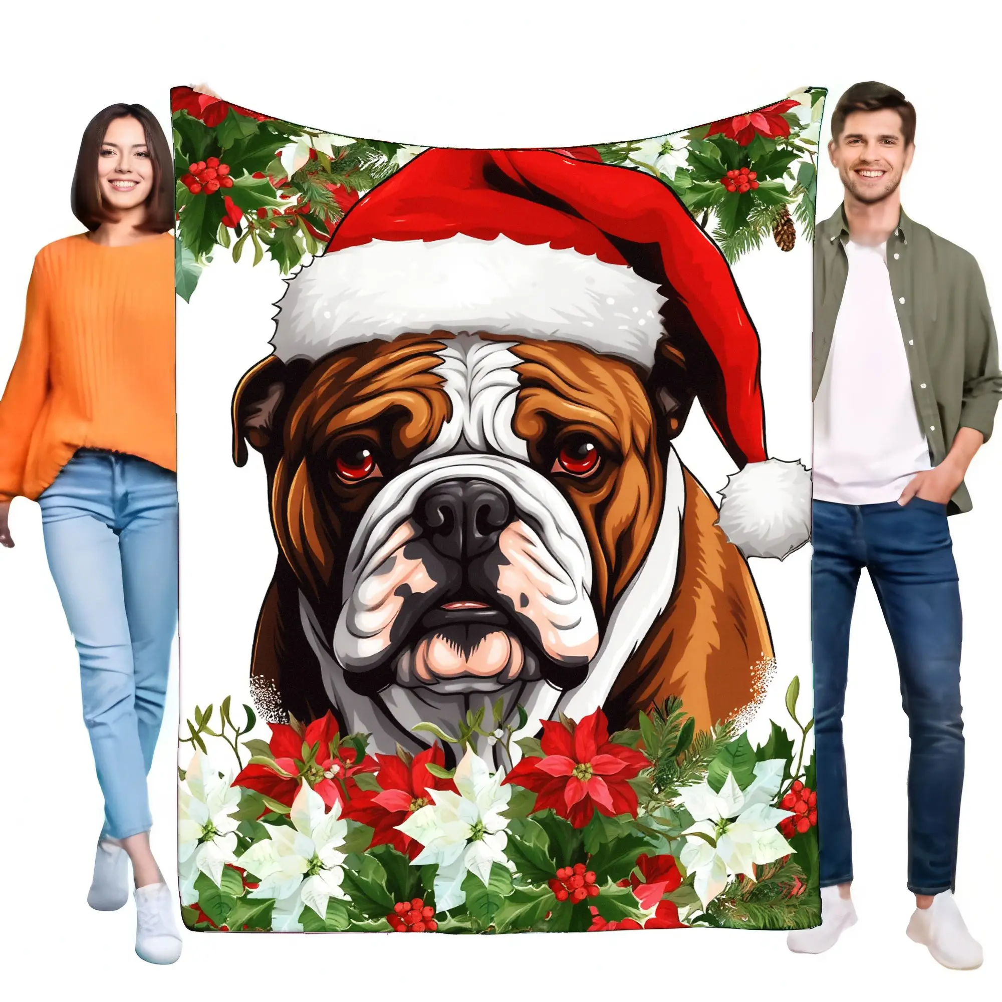 Bulldogge-Weihnachtsmann-Decke, gemütliche warme Überwurfdecke aus Plüsch für Heimdekoration, Weihnachtsgeschenk für Hundeliebhaber, weicher, leichter Sofabezug