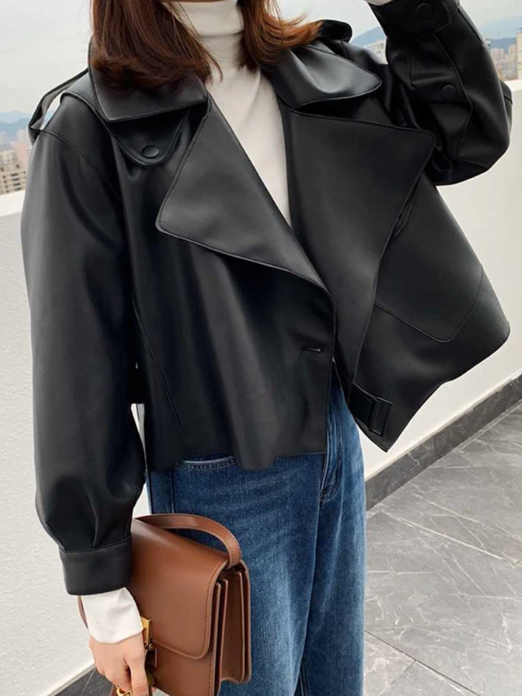 LY VAREY LIN New Autumn Winter Women Pu Motorcycle Biker Red Coat Faux Leather Jacket Turndown Collar Loose Black Punk Outerwear