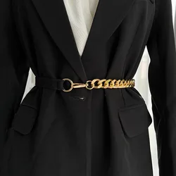 Fashionable Metal Chain Belt Thick Gold/Silver Color Metal Chain Black Elastic Band Belt Woman's Belt
