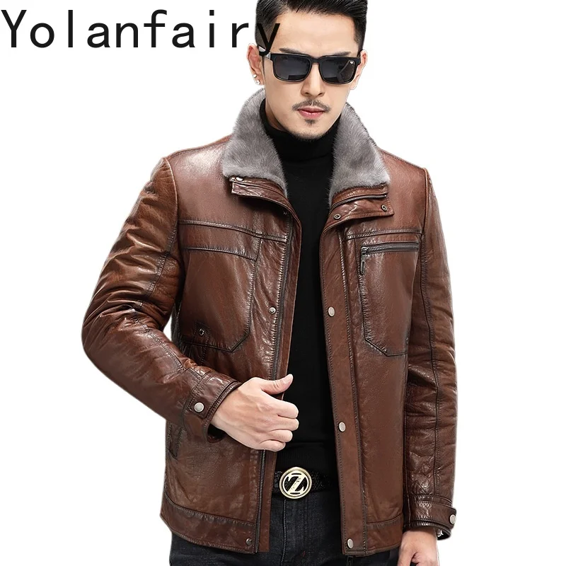 

YOLANFAIRY Sheepskin Men's Clothing Genuine Leather Jacket Winter Mink Liner Coats Lapel New in Jackets Fit Style Veste Homme