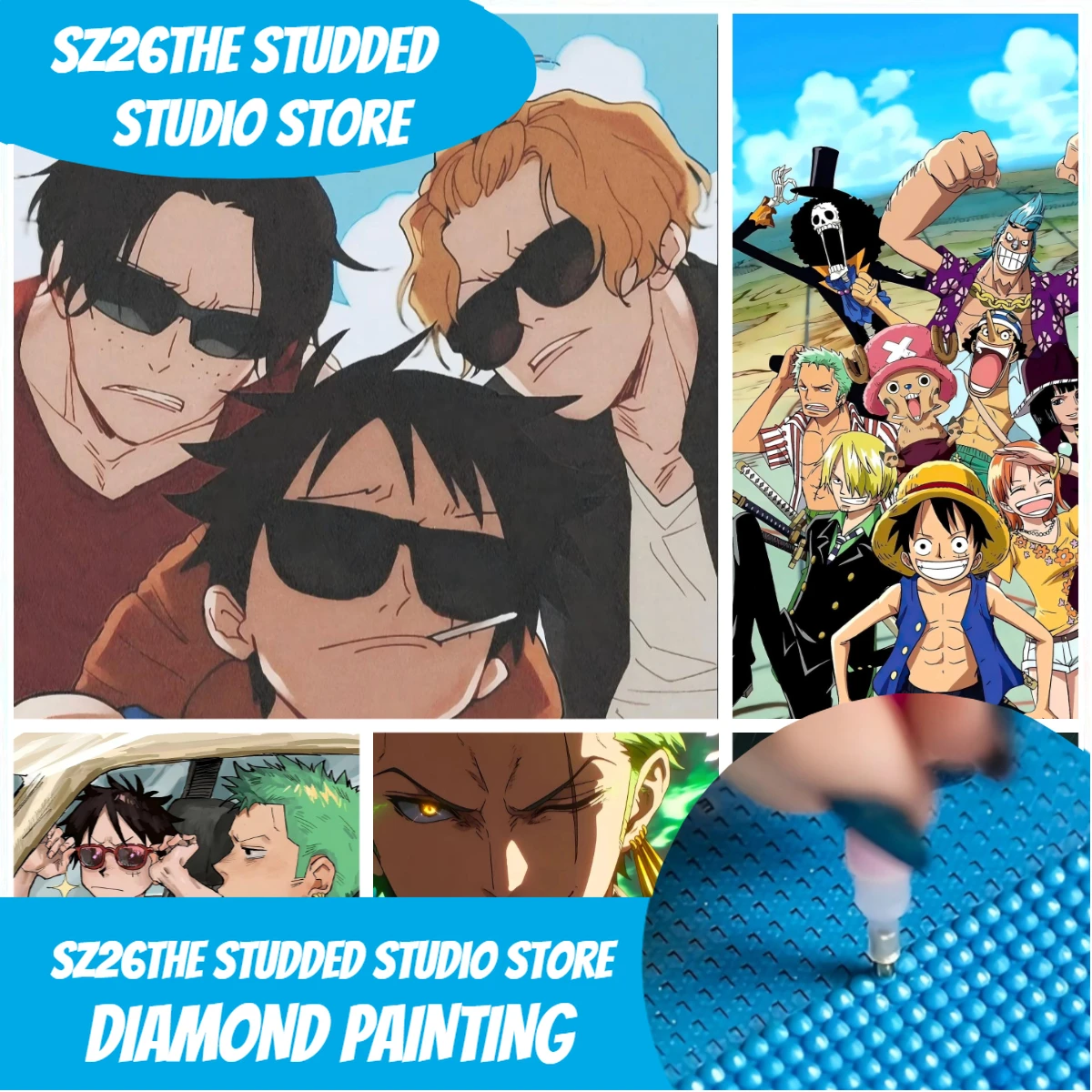 Pintura de Diamantes 5D DIY con Taladro Completo, Bordado de Diamantes de Imitación, Tema de Anime One Piece: Póster de los Piratas del Sombrero de Paja, Talla Sz26