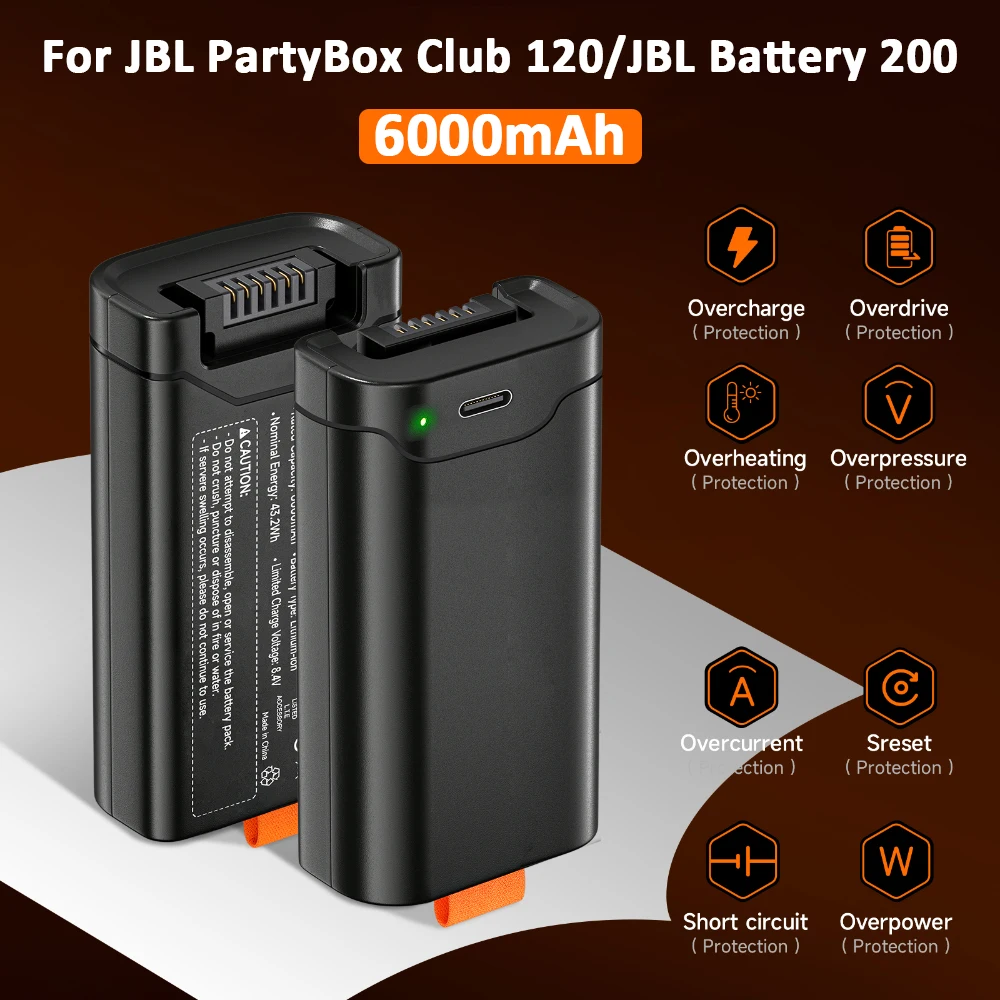 Batería PALO de 6000mAh para JBL PartyBox Club 120, batería JBL 200, batería de repuesto con entrada de TYPE-C para altavoz portátil