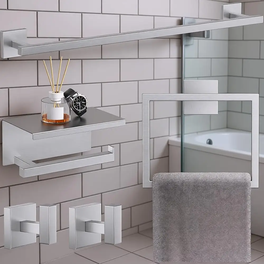 

5-Piece Brushed Nickel Bathroom Accessory Set: 23.6 Stainless Steel Towel Bar, Wall-Mounted Square Toilet Paper Holder with Shel