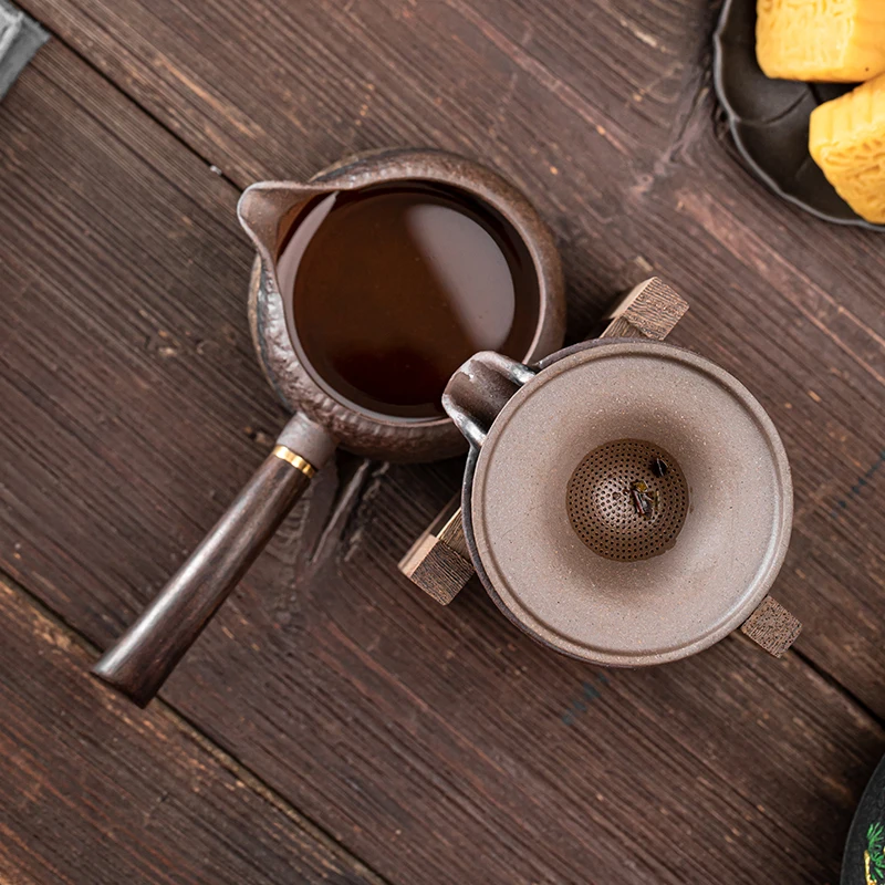 Stone Ground Ceramic Tea Drainer Strainer Set Ebony Side Handle Fairway Cup Rough Pottery Tea Dispenser Tea Separator Strainer