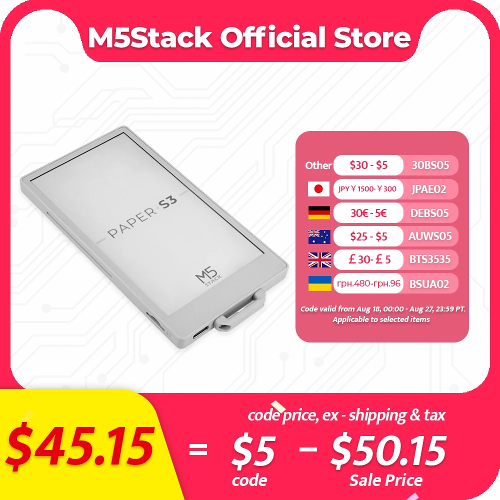 

Официальный комплект разработки M5Stack M5Papers3 ESP32S3 (960X540, дисплей elnk с диагональю 4,7 дюйма, 235 стр/мин)